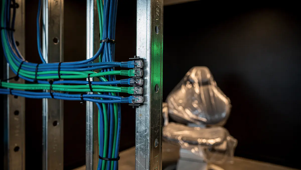 Network cables run through open metal studs in a dental office under construction