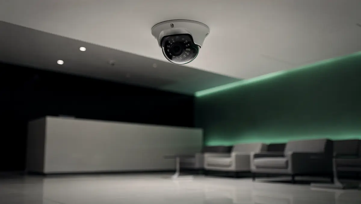 A ceiling dome camera above the entrance of a dental waiting room