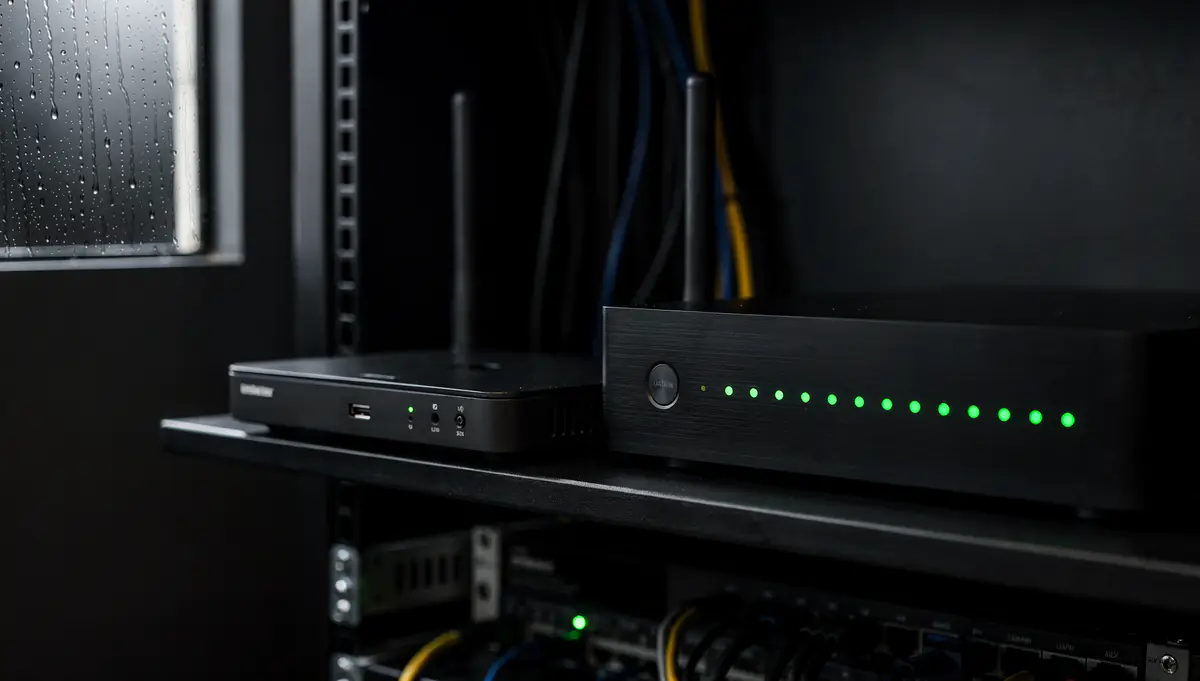A cellular backup router next to a firewall in a dark network closet