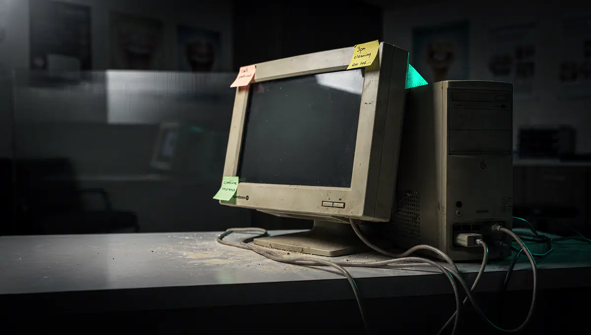 An aging computer and monitor on a dental front desk