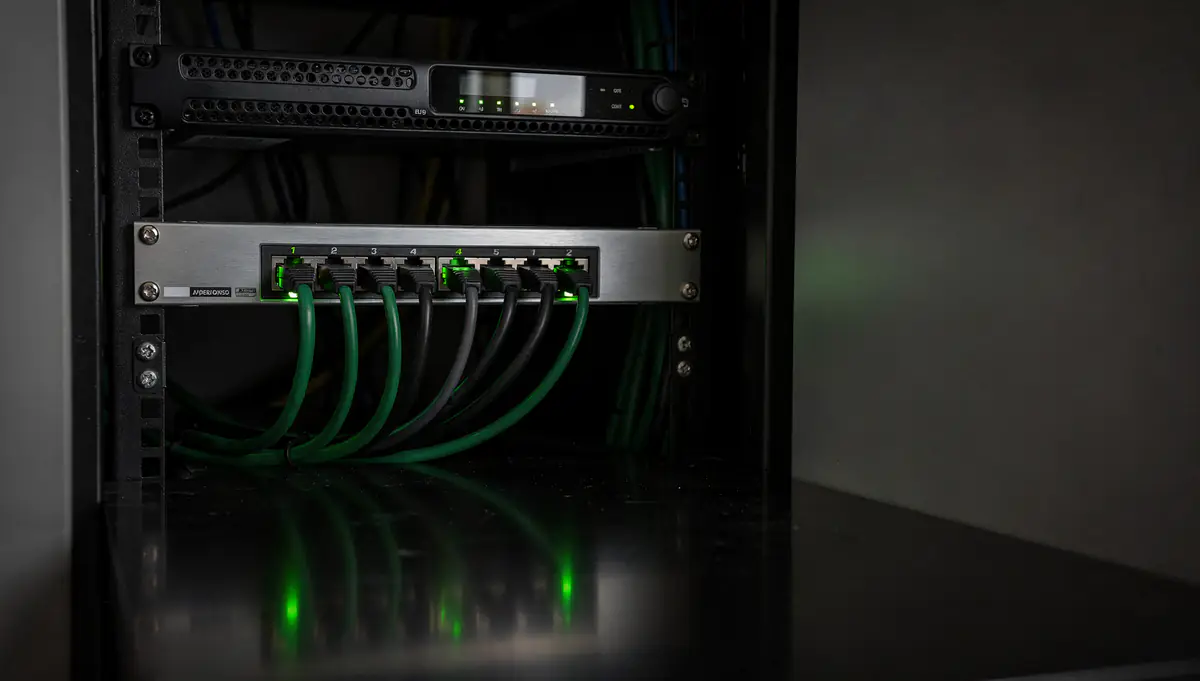 A small server rack with neatly patched cables in a dental office closet