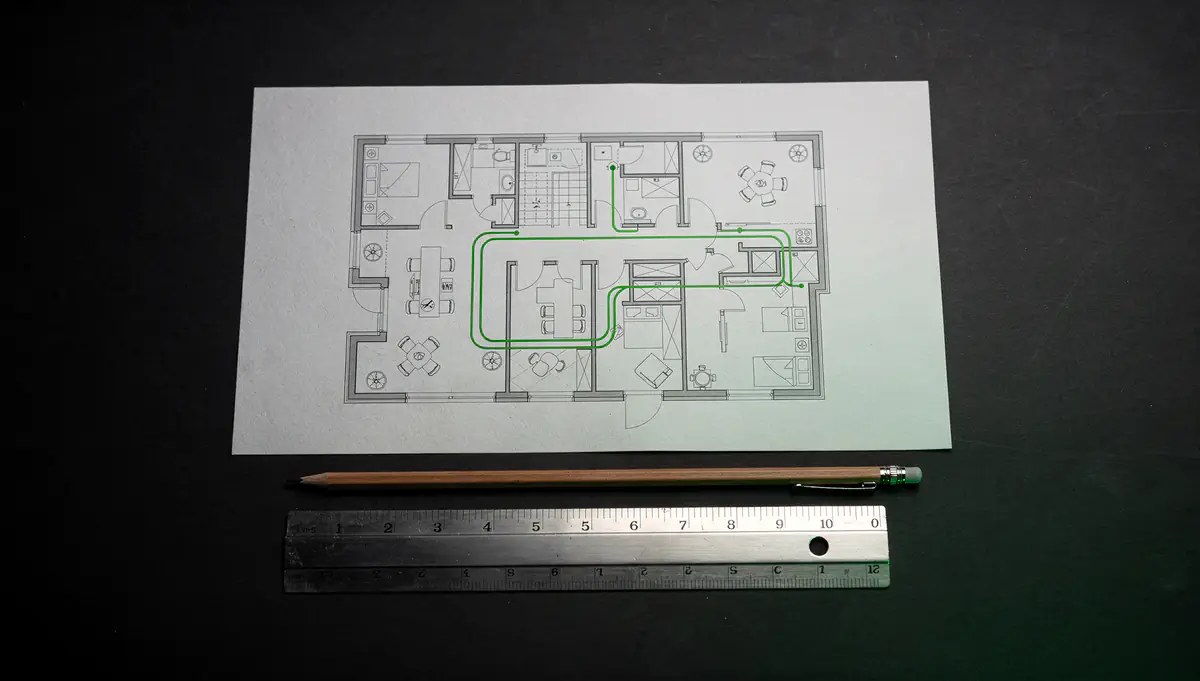 A dental office floor plan with cable runs highlighted in green on a drafting table