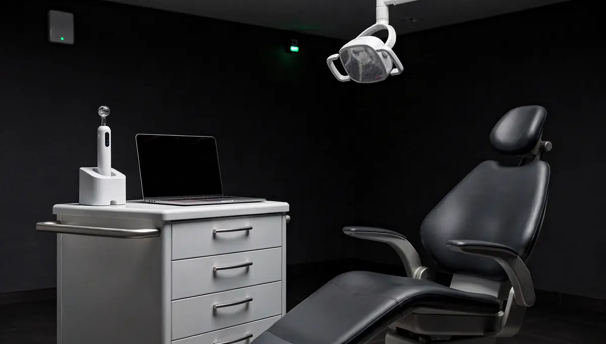 An intraoral scanner on its cart beside a dental chair, under a ceiling Wi-Fi access point